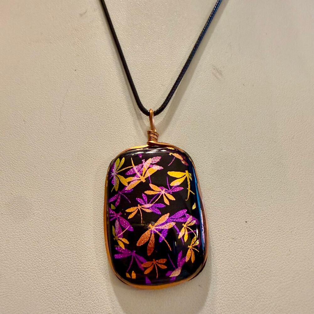 Dichroic Pink Black Copper Dragonfly Glass Pendant Necklace